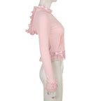 Pink Lace Ruffle Hem Cropped Zipper Hoodie