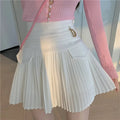 White Pleated D Metal Plate High Waist Mini Skirt