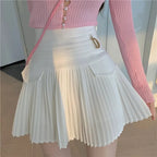 White Pleated D Metal Plate High Waist Mini Skirt