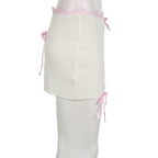 White Knit Bow Ribbed Trim Low Waist Mini Skirt