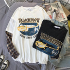 Black White Plaid Patchwork Print Loose Casual Sweatshirt Sweater Long Sleeve Shirt Pullover Jumper E-Girl Kawaii Korean Japanese Harajuku Streetwear