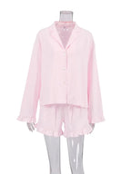2PCS Pink Ruffle Long Sleeve Shirt + Shorts Pajama Set