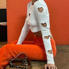 Heart Cut Out Retro White Long Sleeve T-shirt Crop Top Streetwear Summer Aesthetic Casual E-Girl Kawaii Korean Japanese Harajuku