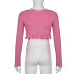 Pink Frill Lace Long Sleeve Crop Top