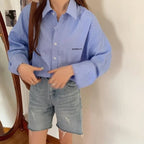 Blue Stripe Cropped Long Sleeve Shirt