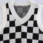 Cute Preppy Argyle Plaid Sweater Vest Sleeveless Knit Crop Top V Neck Shirt Aesthetic Casual Summer E-Girl Kawaii Korean Japanese Harajuku