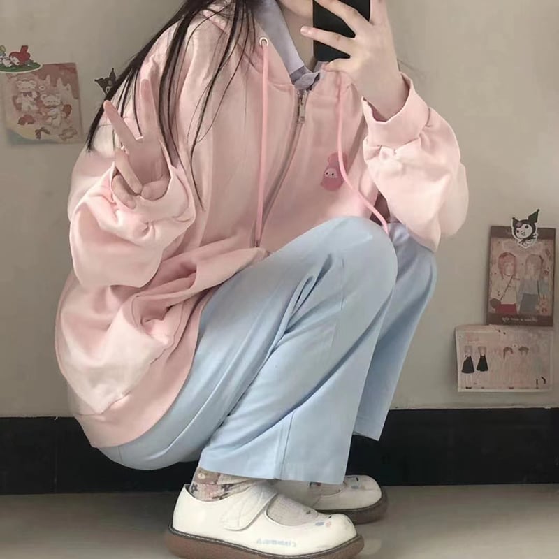 Pink Rabbit Print Oversized Hoodie