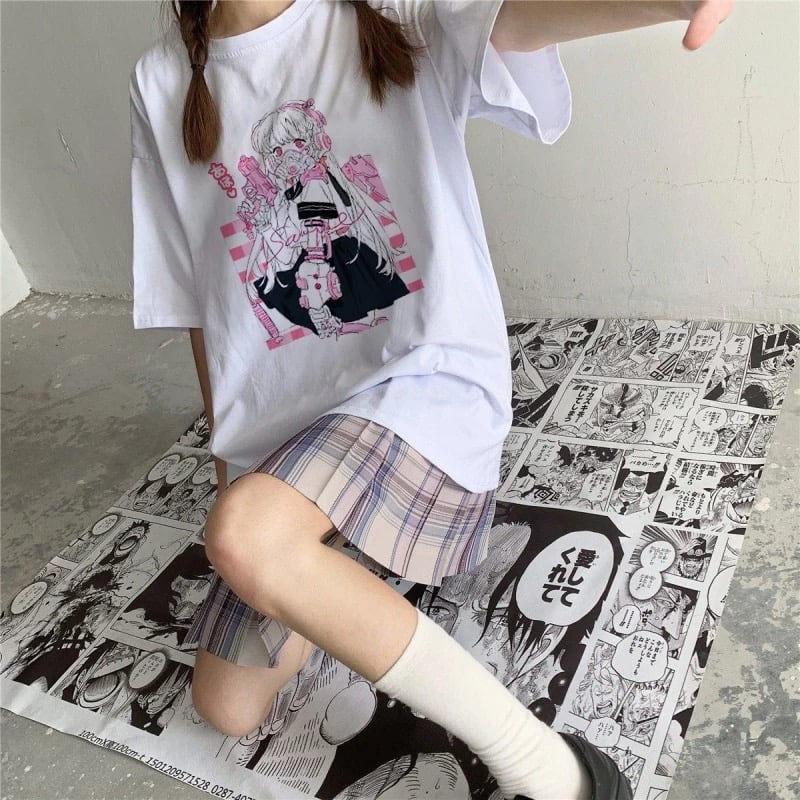 Cute Pink Black Sweet Vintage Anime Girl Cartoon Loose Short Sleeve Shirt Tee T-shirt Summer Casual E-Girl Kawaii Korean Japanese Harajuku Streetwear