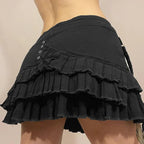 Black Denim Pleated Low Waist Irregular Mini Skirt