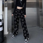 Black Heart Print High Waist Pants