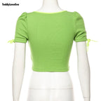 Cute Sexy Neon Green Ribbed Knit Bow Crop Top Short Sleeve Shirt Tee T-shirt E-Girl Kawaii Korean Japanese Harajuku Chinese Retro Streetwear Aesthetic