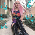 Cute Sexy Tie Dye Butterfly Print Mesh Transparent Short Sleeve Mini Dress Summer Aesthetic Casual E-Girl Kawaii Korean Japanese Harajuku