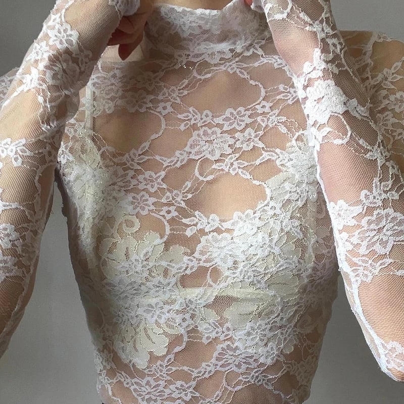White Transparent Lace Turtleneck Crop Top
