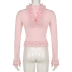 Pink Lace Ruffle Hem Cropped Zipper Hoodie