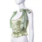 Cute Lace Ribbon Bow Tie Solid Square Collar Patchwork Sleeveless Corset Top Summer Aesthetic Casual E-Girl Kawaii Korean Japanese Harajuku