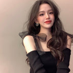 Black Bow Off Shoulder Mesh Sweater