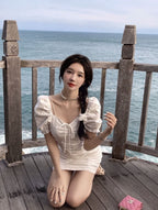 White Puff Sleeve Drawstring Ruched Mini Dress