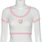 Cat Embroidery Patchwork Crop Top