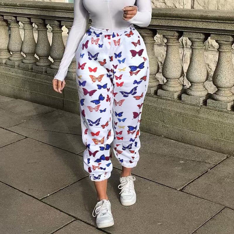 Cute Butterfly Rainbow Print Loose Baggy High Waisted Trousers Joggers Pants Sweats Bottom E-Girl Kawaii Korean Japanese Harajuku Retro Streetwear