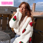 Cute White Strawberry Crochet Loose Cardigan Long Sleeve V Neck Sweater Aesthetic Casual Summer E-Girl Kawaii Korean Japanese Harajuku