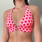 Cute Pink Heart Print Halter Bustier Crop Top Sleeveless Backless Lace Up Bralette Summer Casual E-Girl Kawaii Korean Japanese Harajuku Streetwear