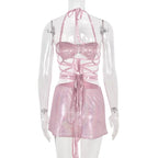 Cute 2pc Set Pink Glitter Fairy Crop Top + Mini Skirt Sexy Club Party Rave Summer Aesthetic Casual E-Girl Kawaii Korean Japanese Harajuku