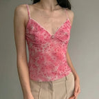 Pink Floral Mesh Sheer V-Neck Crop Top