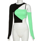 Green & Black Patchwork Hollow Out Long Sleeve Shirt