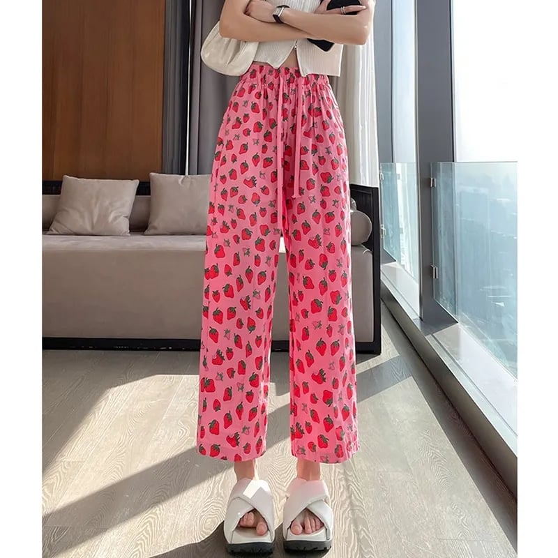 Pink Strawberry Print High Waist Trousers