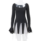 Black Lace Up Splice Fold Bodycon Dress