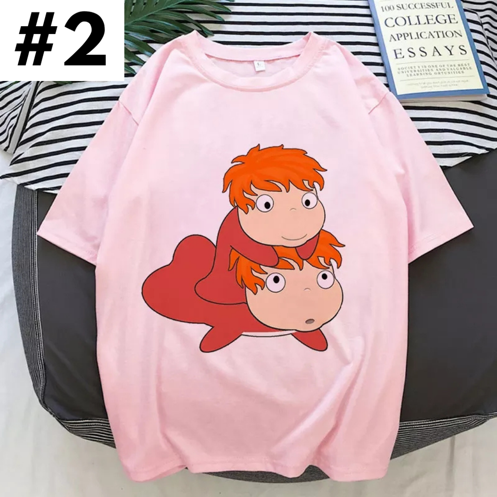 Cute Pink Ponyo Anime Cartoon Print Graphic Short Sleeve Shirt Top Summer Aesthetic Casual E-Girl Kawaii Korean Japanese Harajuku
