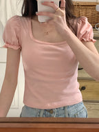 Pink Puff Sleeve Square Collar Top