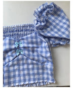 Cute Sexy Blue Plaid Print Bow Ribbon Collar Puff Short Sleeve Shirt Blouse Aesthetic Casual Summer E-Girl Kawaii Korean Japanese Harajuku