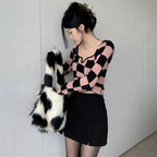 Pink & Black Checkboard Knit Sweater