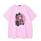 Cute Cat Anime Girl Cartoon Print Oversized Loose Short Sleeve Shirt Tee T-shirt Summer Casual E-Girl Kawaii Korean Japanese Harajuku Streetwear