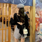 Cute Pink Back Puff Sleeve French Bow Bandage Long Sleeve Shirt Blouse Crop Top Square Neck Aesthetic Casual E-Girl Kawaii Korean Japanese Harajuku