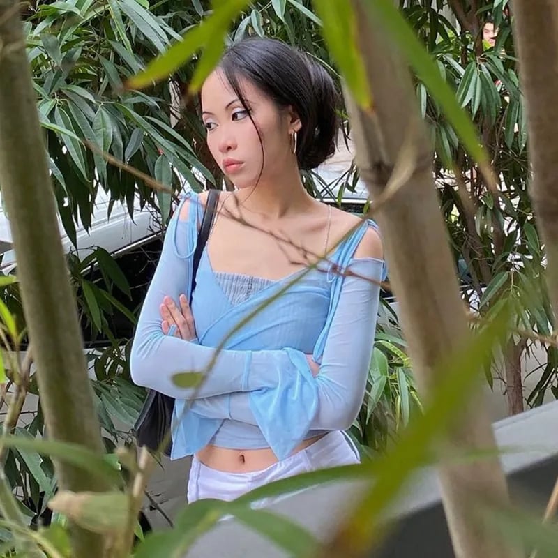 Blue See Through V Neck Bandage Long Sleeve Shirt