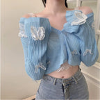 Cute Sweet Butterfly Knit Cardigan V Neck Crop Top Thin Long Sleeve T-shirt Vintage Aesthetic Casual Summer E-Girl Kawaii Korean Japanese Harajuku