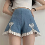Cute Sweet Heart Lace Cut Out Denim Blue Shorts High Waist Bottoms Vintage Aesthetic Casual Summer E-Girl Kawaii Korean Japanese Harajuku