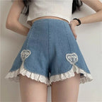 Cute Sweet Heart Lace Cut Out Denim Blue Shorts High Waist Bottoms Vintage Aesthetic Casual Summer E-Girl Kawaii Korean Japanese Harajuku