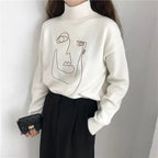 Cute Geometric Face Knit Turtleneck Oversized Sweater Long Sleeve Shirt Pullover Sweatshirt E-Girl Kawaii Korean Japanese Harajuku Retro Streetwear