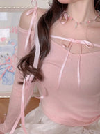Sweet Bow Off Shoulder Long Sleeve Blouse