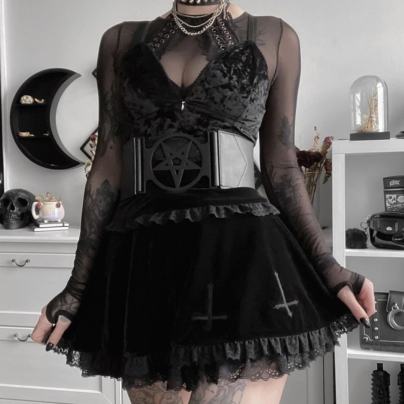 Cute Sexy Goth Black Cross Skirt Vintage Lace Trim A-Line Grunge Punk High Waist Ruffle Summer E-Girl Kawaii Korean Japanese Harajuku Streetwear