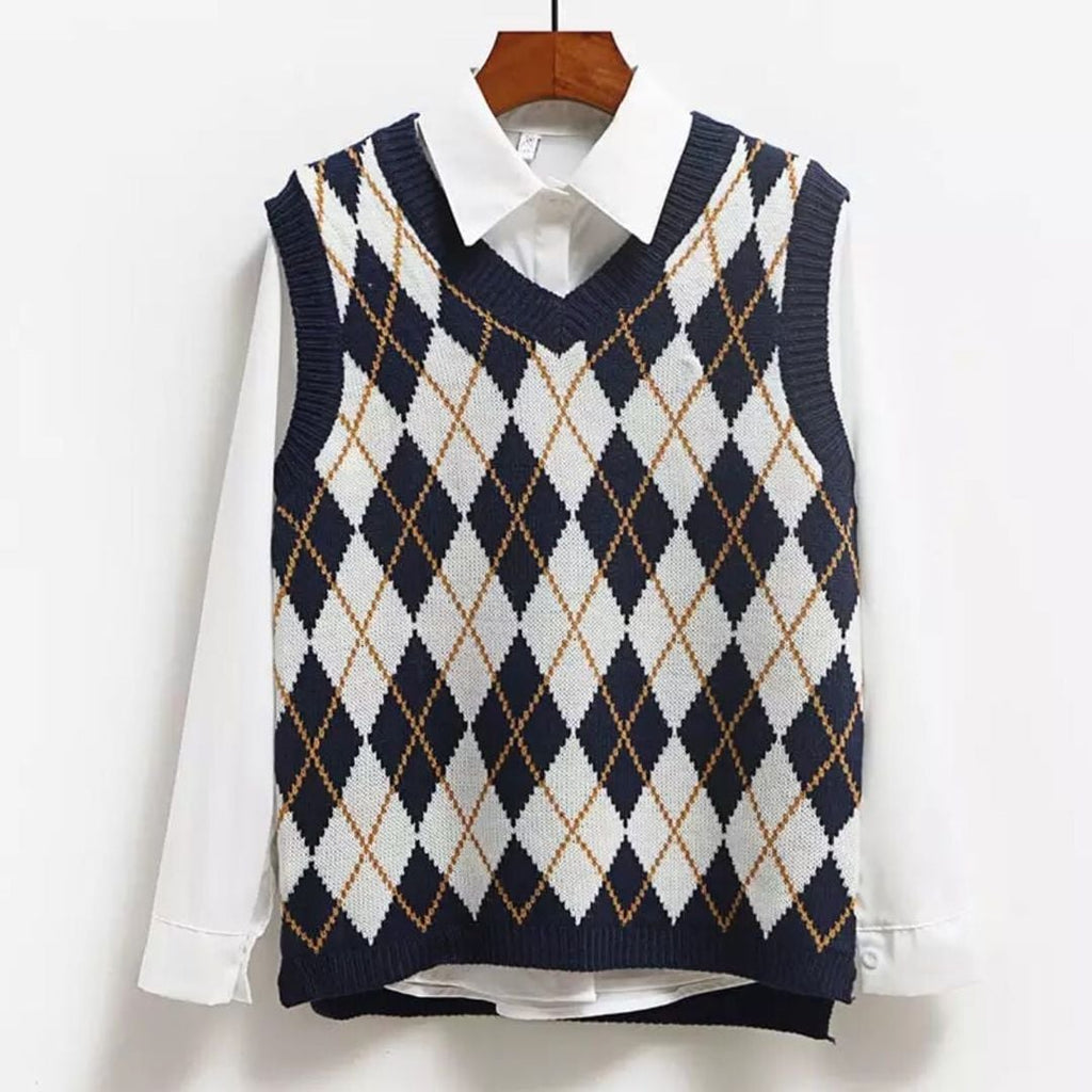 Cute Argyle V Neck Sleeveless Vest Knit Sweater Pullover Jumper Tank Top Autumn Aesthetic E-Girl Kawaii Korean Japanese Harajuku Streetwear