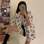 Cute Vintage White Butterfly Print Button Up Pocket Blouse Short Sleeve Shirt Top Loose Aesthetic E-Girl Kawaii Korean Japanese Harajuku Streetwear