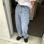 Pink Heart Embroidery Denim Jeans