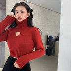 Heart Hollow Out Cropped Turtleneck Sweater