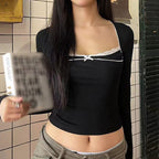 Black Bow Square Collar Long Sleeve Shirt