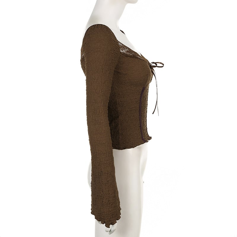 Brown Lace Trim V Neck Flare Long Sleeve Top
