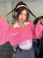 Pink Y2K Oversized Cropped Smock Sweater